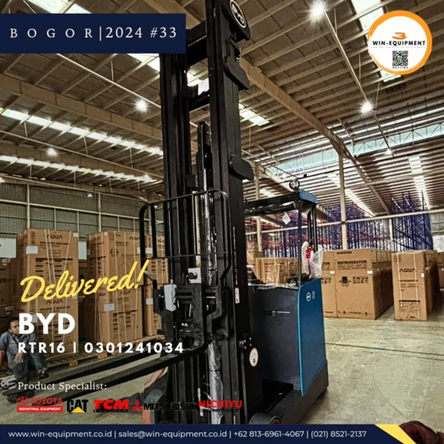 #jualforklift Forklift Battery Lithium BYD RTR16-VM950 Dengan energi baru dan terbarukan BYD meluncurkan Forklift Battery Lithium type Reach Truck dengan tinggi angkatan 9.5 meter 3 stage full freelift dengan kekuatan battery 270Ah/80V.PT. Wijaya Industrial Equipment (Win Equipment) adalah perusahaan resmi pemasok alat-alat industri spesialisasi Unit (Forklift, Genset, Loader, Excavator, Traktor, Crane, dll.)Support Sparepart, Service & Rental. There is a problem your forklift? Let us help youFor product purchase, use, used unit, repair, troubleshooting, overhaul and maintenance issues, you can contact us here.⛩️ Workshop & Showroom :Pusat Otomotif Sentra Harapan (POSH) Blok G-27 Sentra Bisnis, Harapan Indah, Kec. Medan Satria, Kota Bekasi, Jawa Barat 17132.https://maps.app.goo.gl/P2rZvyYkLxuQM7Gv6☎ Hotline :+6221 8925-2666 (Office) +62 813-6961-4067 (WhatsApp)https://bit.ly/2MVps99 (Respon Cepat) 🪐 Website :www.win-equipment.co.idOnline Customer ServiceWorking bDay 09:00 - 17:00One-stop solution of spare part, after-sales, service related problems, klik here 👉 https://bit.ly/2MVps99 Kenapa memilih Win-Equipmet? 1. Menerima Trade in Unit2. Ready Stock Unit3. Jaminan Harga Terbaik4. Support Mekanik Profesional5. Pembayaran menggunakan leasing (cicilan) -------------------------#sparepartforklift #mitsubishiforklift #forklift #toyotaforklift #mitsubishiforklift #nichiyuforklift #caterpillarforklift #heliforklift #hangchaforklift #komatsuforklift #forkliftindonesia #materialhandlingequipment #safetyshoes #jualforklift #reachstacker #jualforkliftindonesia #rentalforklift #serviceforklift #banforklift #forkshoe #batteryforklift #sparepartforklift safetyequipment #sioforklift #forklifttoyota #forkliftmitsubishi forklifttcm #forkliftcaterpillar #forkliftattachment #toyotaforkliftindonesia #mitsubishiforkliftindonesia #distributorforklift #gsyuasabattery
